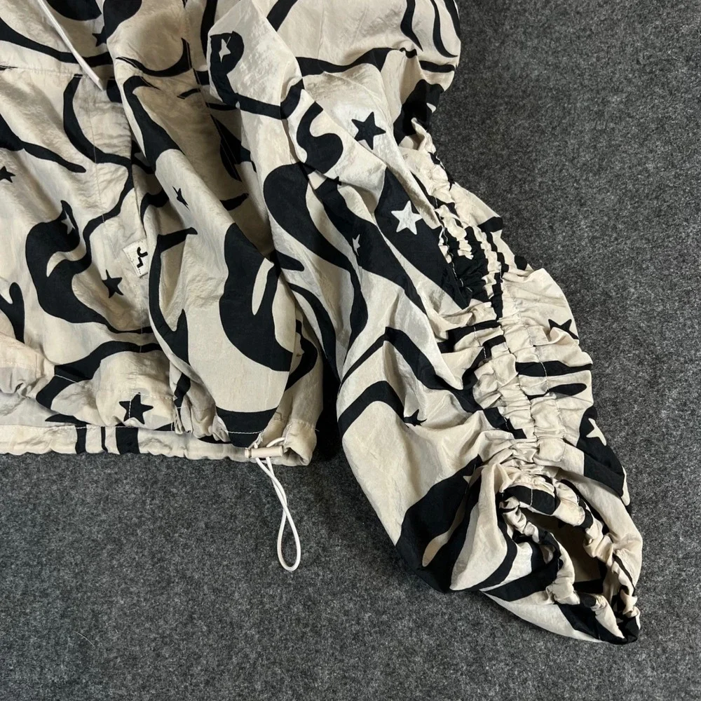 JoyLab Womens Swirl Star Print Ruched Sleeve Hooded Windbreaker Jacket Cream L_9